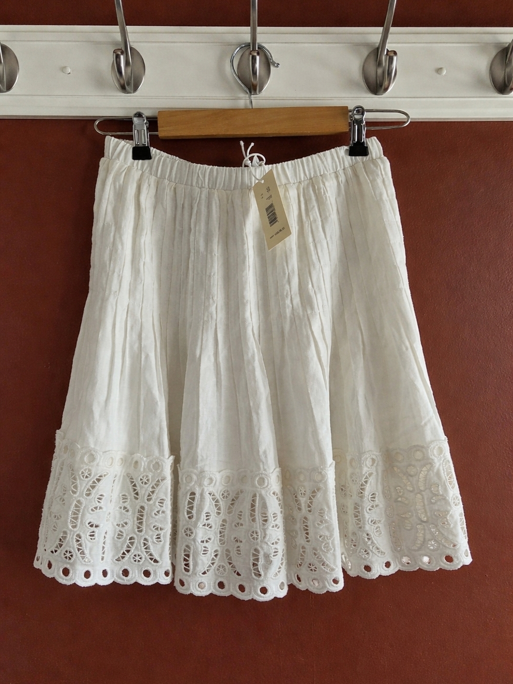 Magaschoni White Linen blend eyelet skirt XS elastic waist lined NWT $258